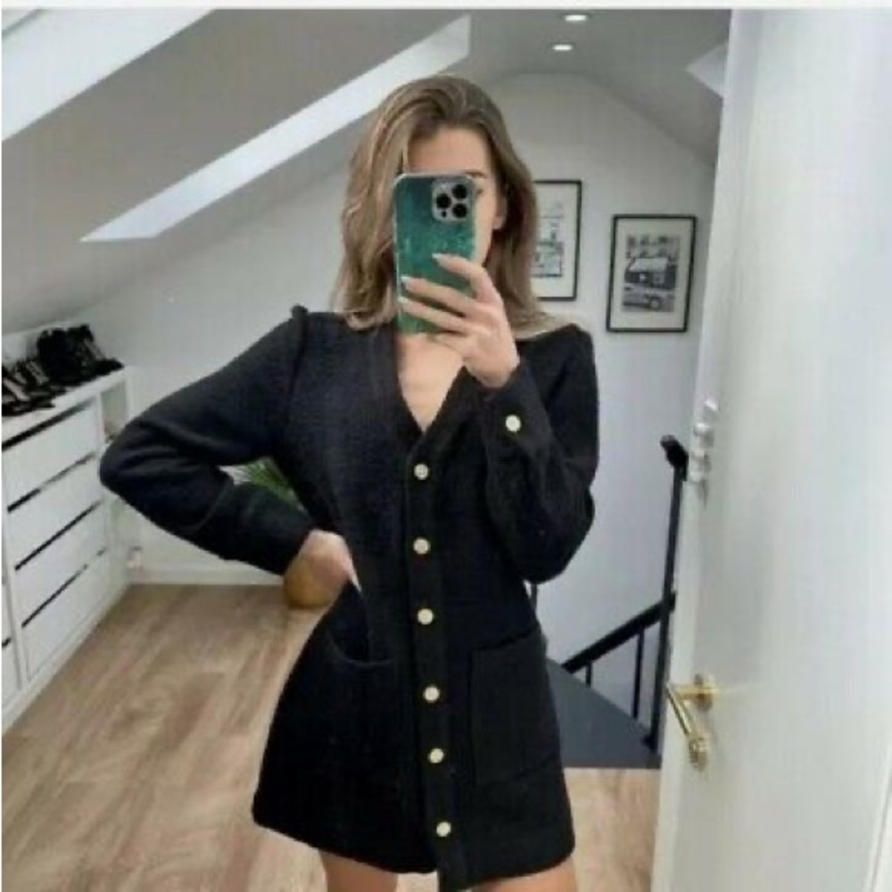 Zara Black Textured Weave Jacket Blazer Dress with Golden Buttons in Size Medium